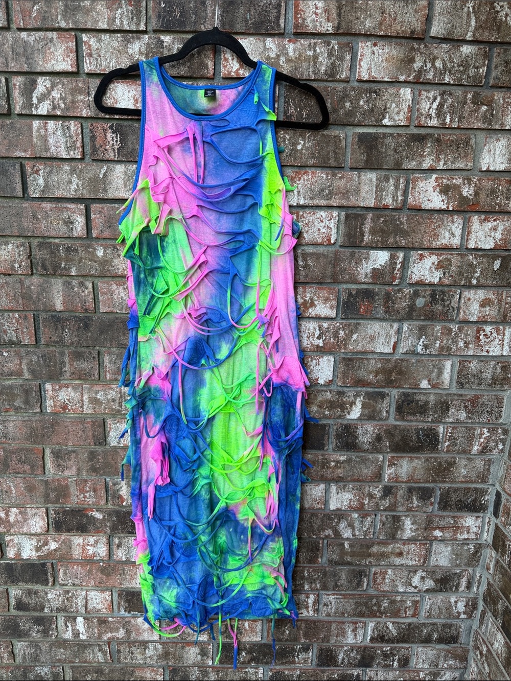 SHEIN Neon Pink, Blue & Green Shredded Midi Tank Dress
